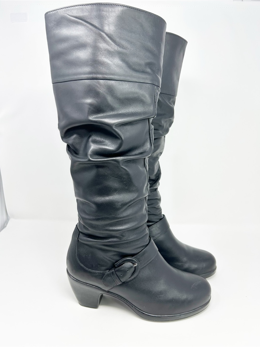 Dansko Black Leather Knee High Slouch Riding Boots Buckle Strap Chunky Size 40